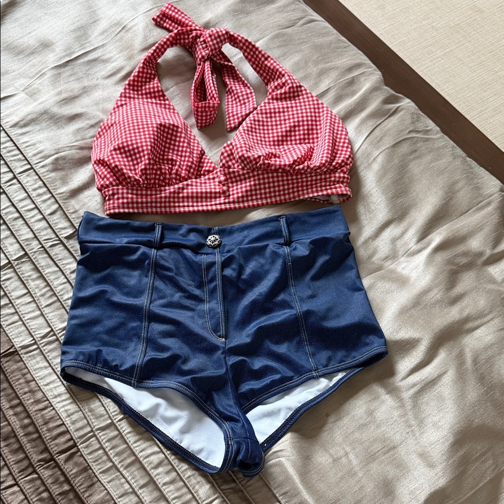 Unique Vintage Red and Blue Gingham Bikini